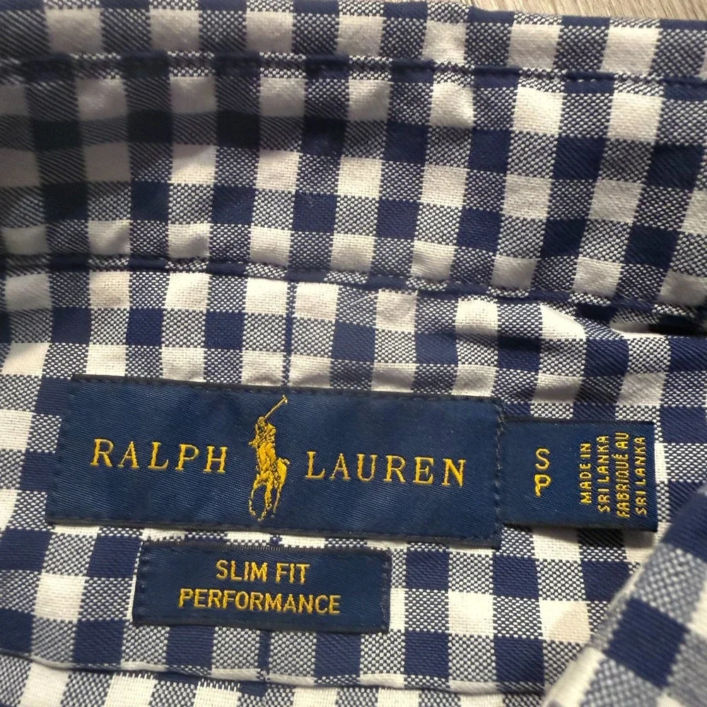 Polo Ralph Lauren Mens Small Gingham Blue Slim Fit Performance Button Shirt